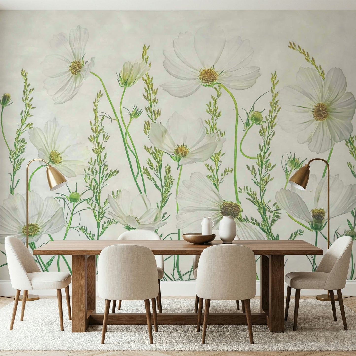 A peaceful flower design mural on decorative wallpaper.


