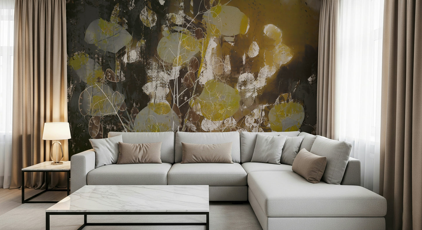 A peaceful botanical garden mural on decorative wallpaper.

