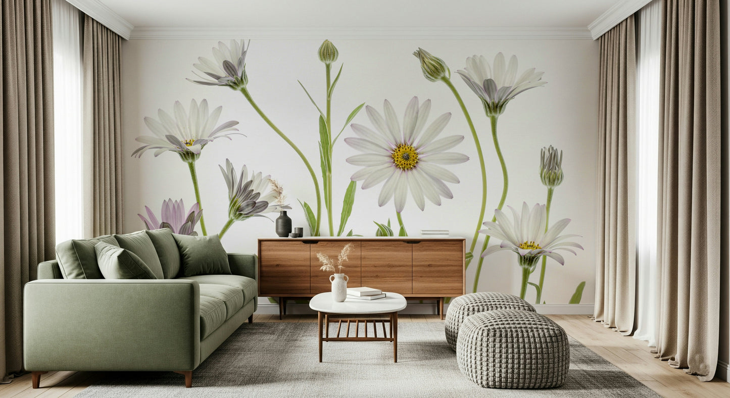 A peaceful whisper white mural on decorative wallpaper.

