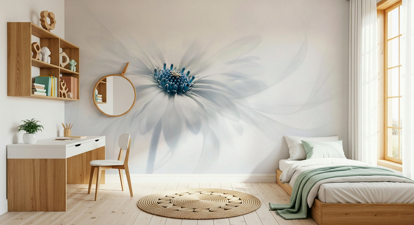 An artistic peaceful garden mural on minimalist wallpaper.

