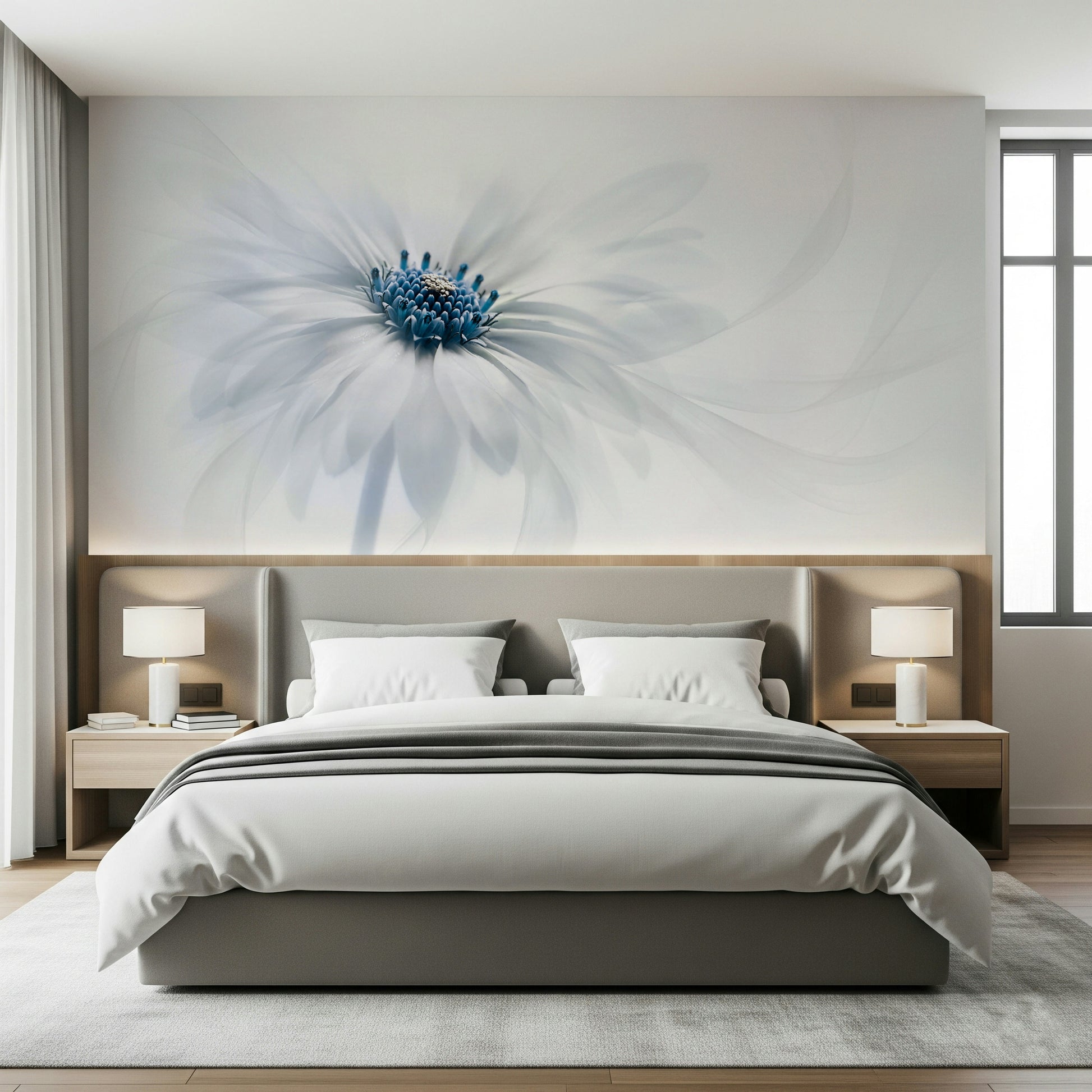 A peaceful flower design mural on decorative wallpaper.

