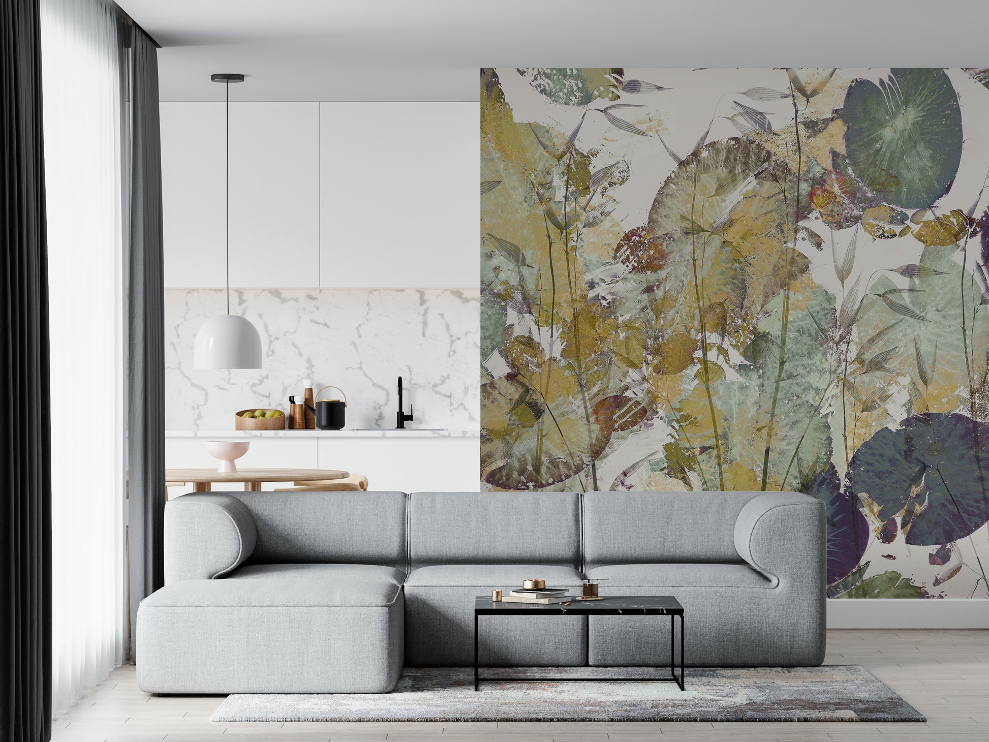 A serene botanical pattern wall mural for your decor.

