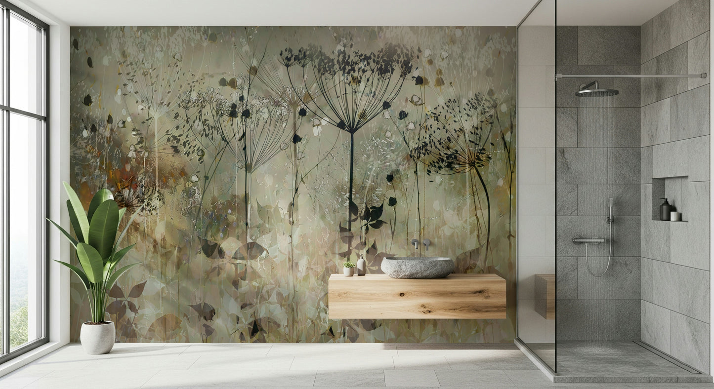 A peaceful floral design mural on decorative wallpaper.

