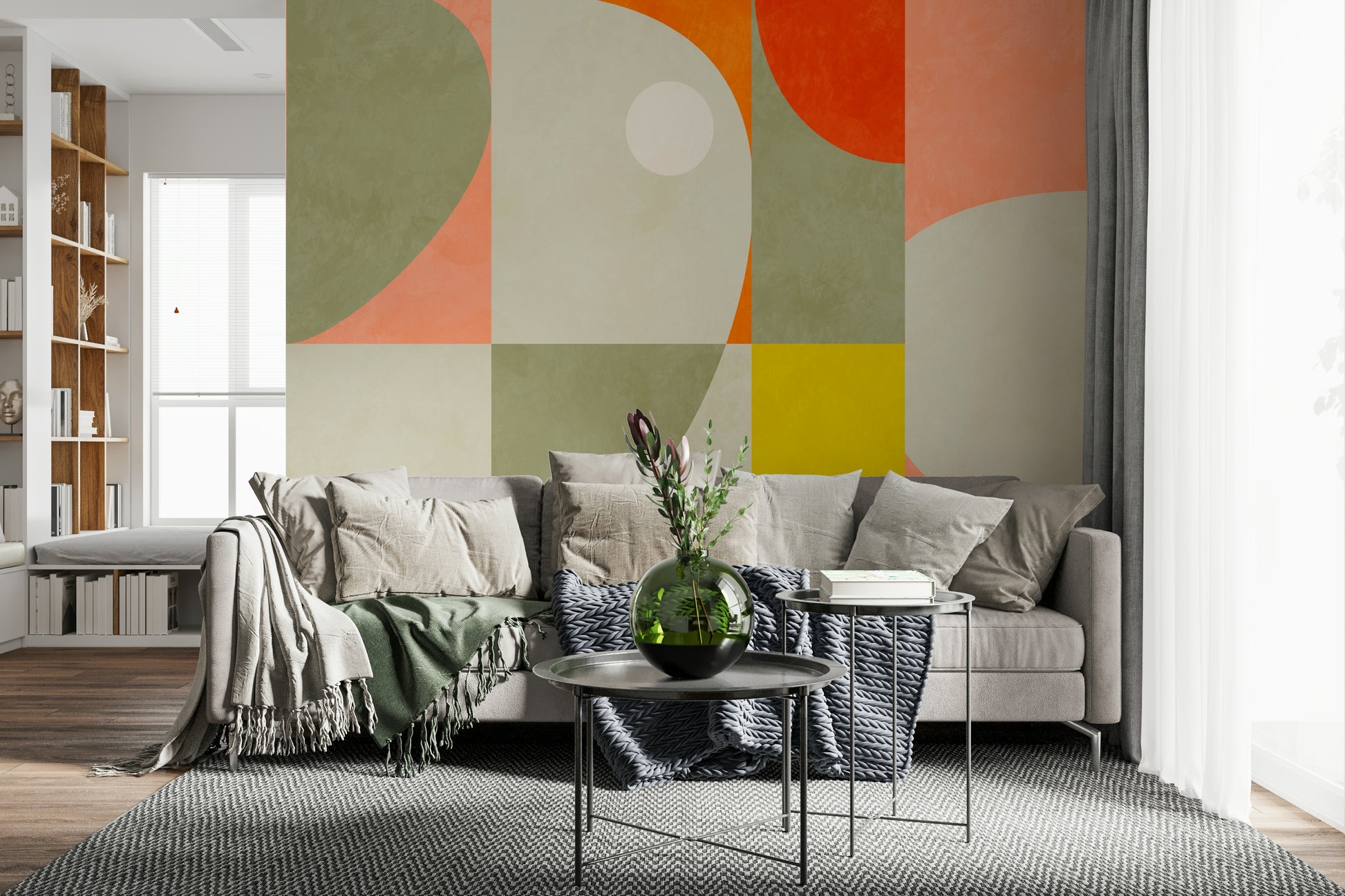 A peaceful geometric abstract mural on decorative wallpaper.

