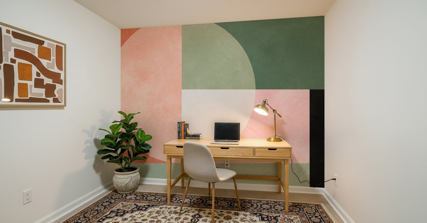 A peaceful geometric abstract mural on decorative wallpaper.

