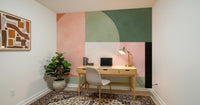 A peaceful geometric abstract mural on decorative wallpaper.

