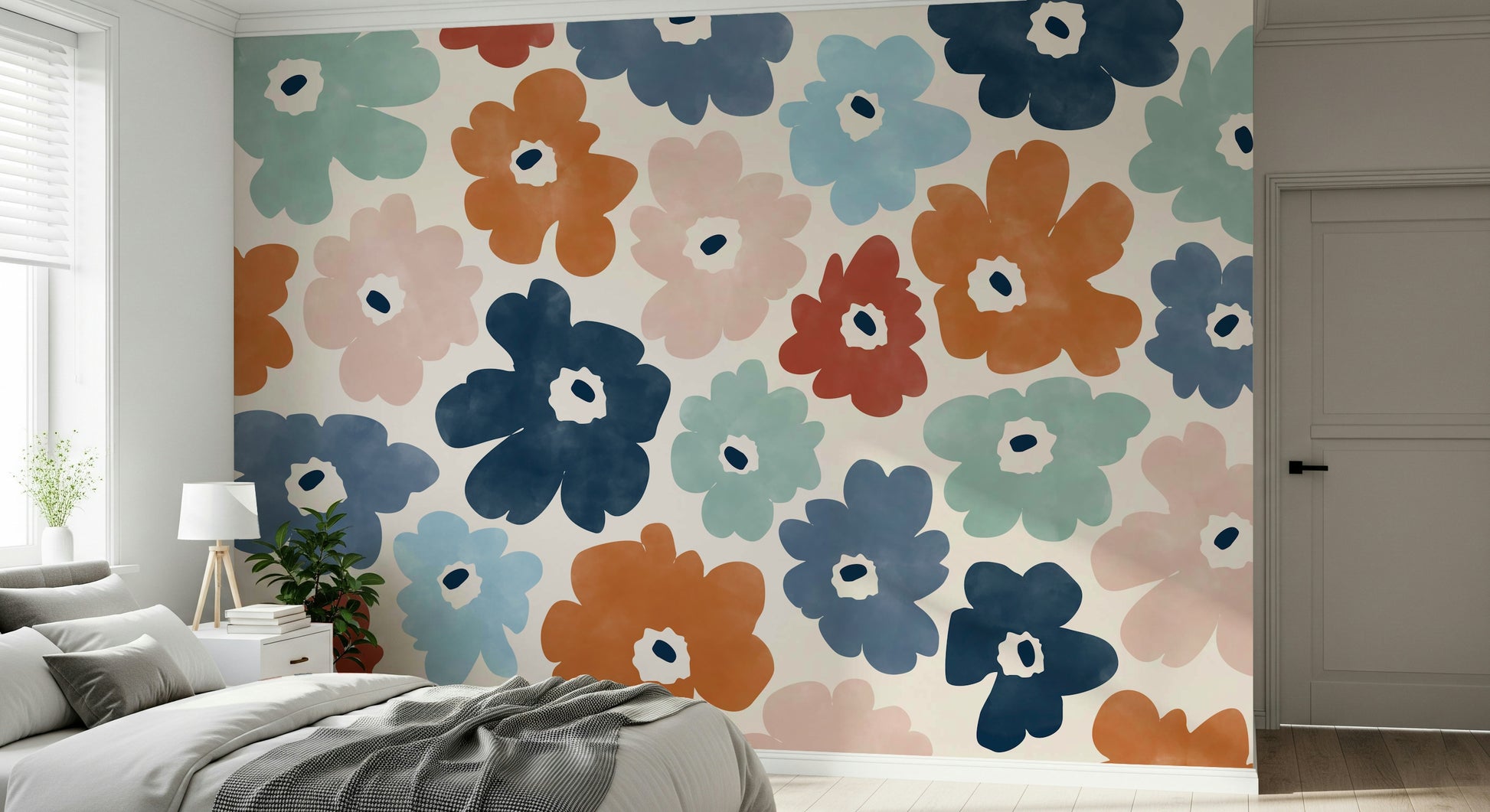 A graceful subtle bloom wall mural in bright, elegant tones.

