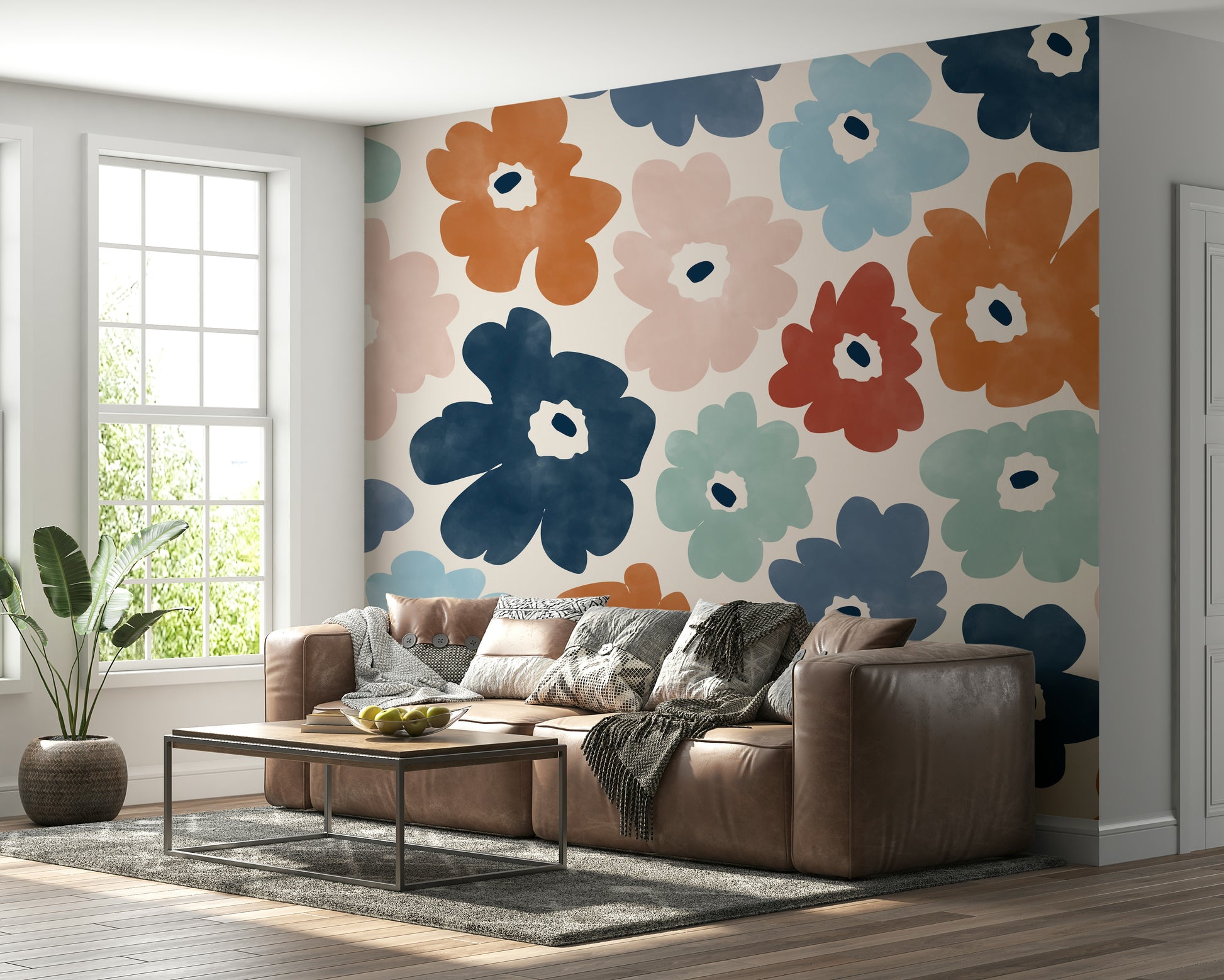 An artistic blooming garden mural on minimalist wallpaper.

