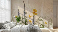 A graceful subtle bloom wall mural in soft, natural tones.

