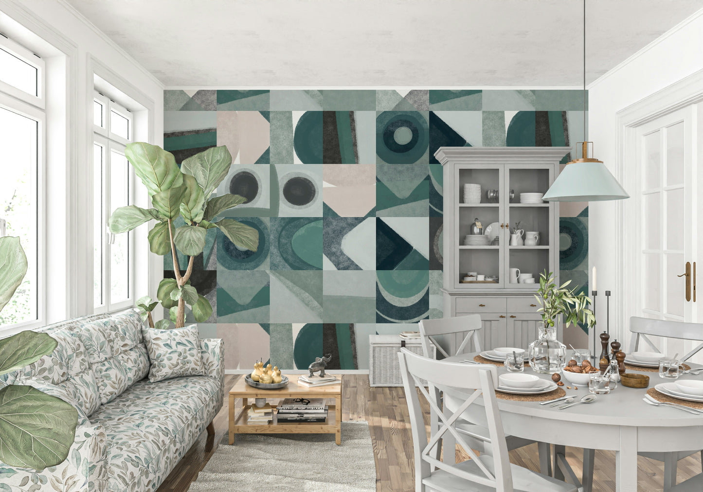 An artistic abstract pattern mural on minimalist wallpaper.

