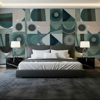 A peaceful geometric design mural on decorative wallpaper.

