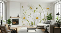 A graceful subtle bloom wall mural in soft, white tones.

