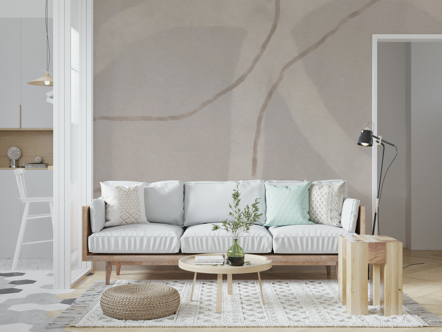 An artistic minimalist form mural for home decor.

