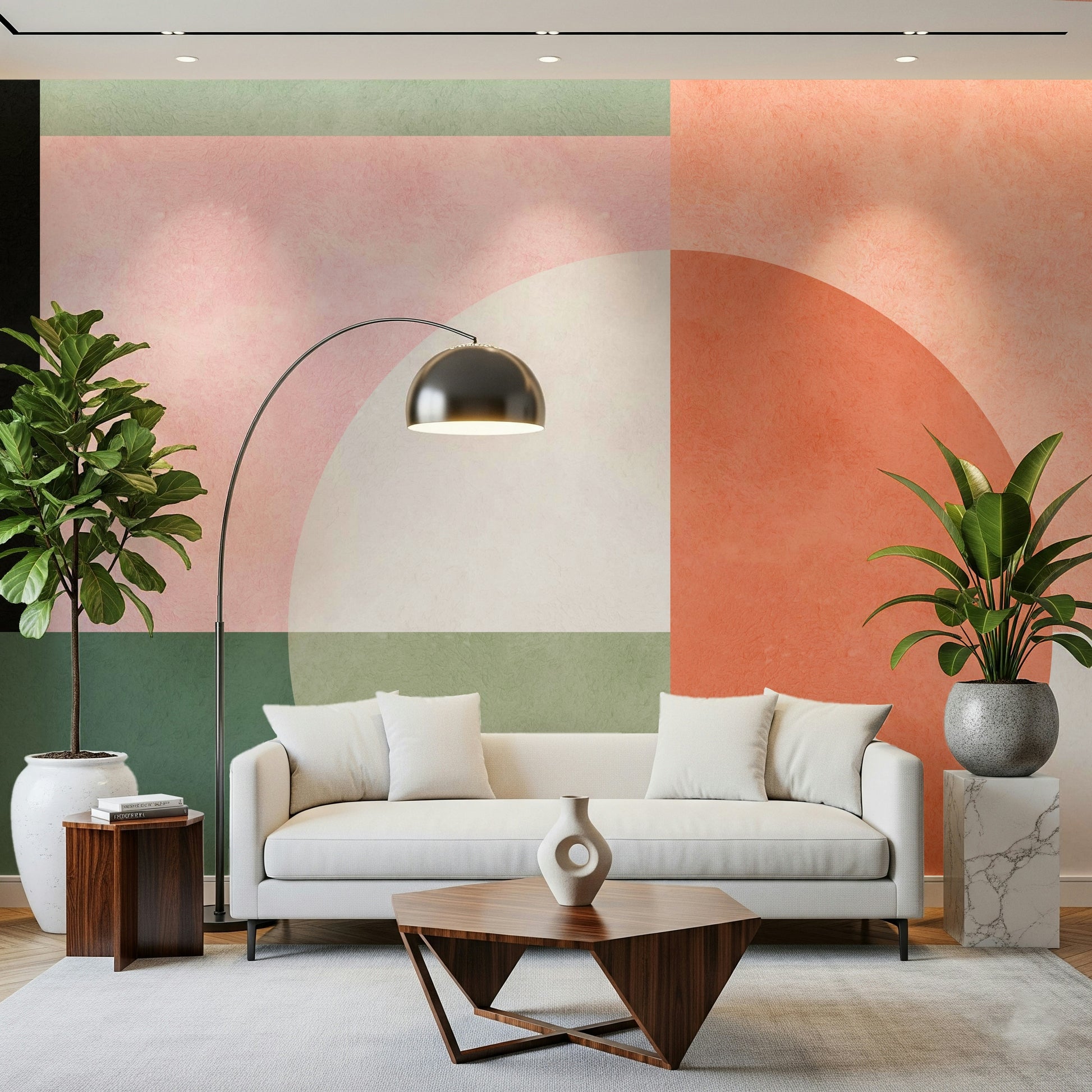 A graceful modern abstract wall mural in warm, natural tones.

