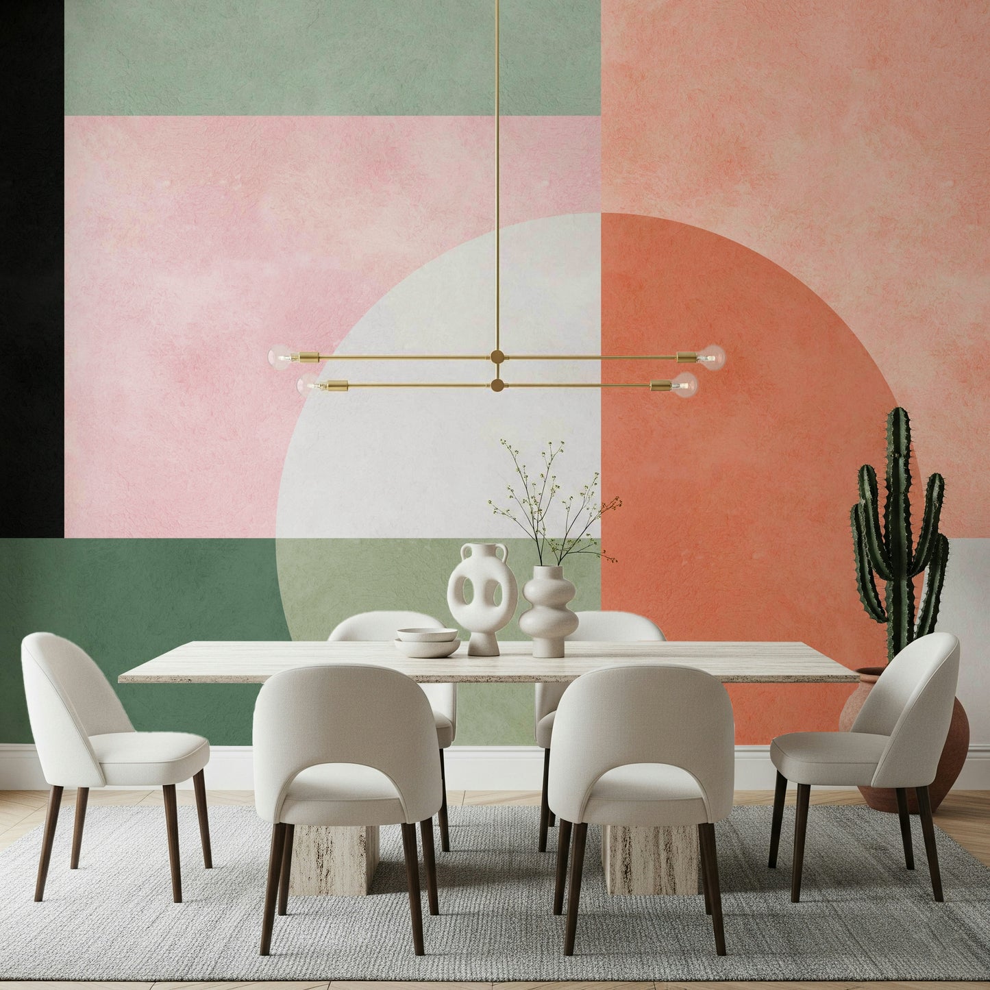 A peaceful organic shape mural on decorative wallpaper.

