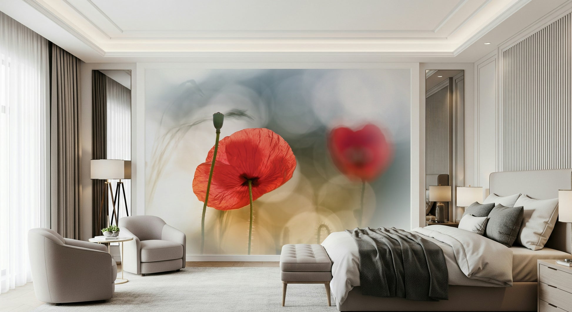 A graceful subtle bloom wall mural in soft, red tones.

