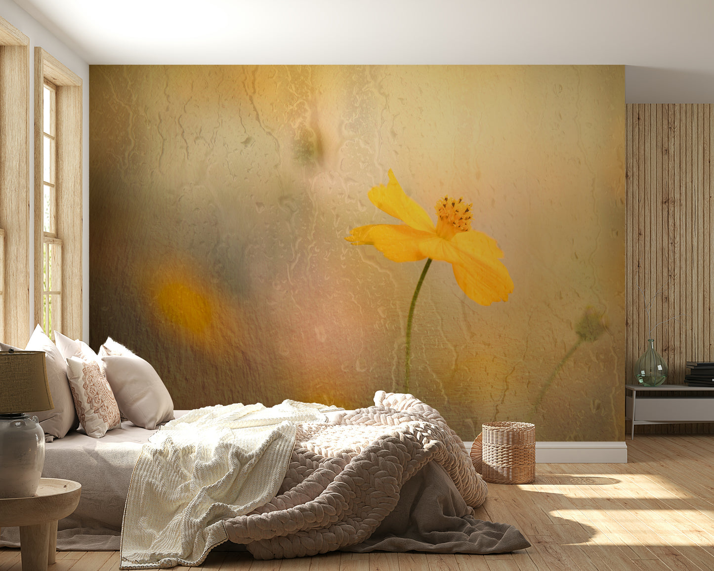 A serene subtle flower wall mural in cool, dark tones.


