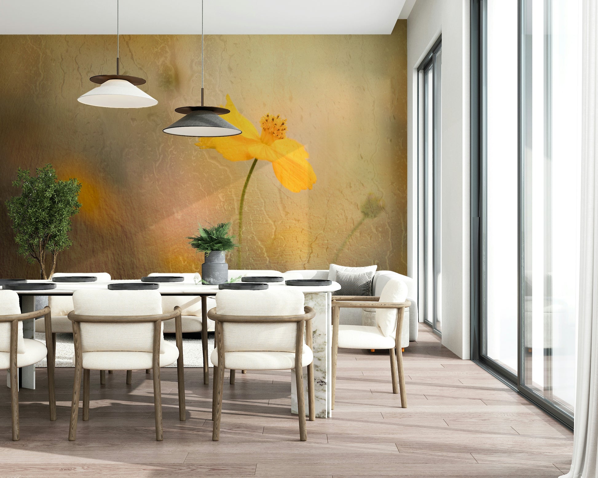 A graceful subtle bloom wall mural in soft, elegant tones.


