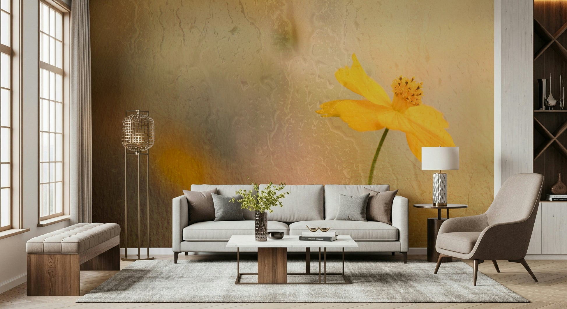 An artistic peaceful garden mural on minimalist wallpaper.

