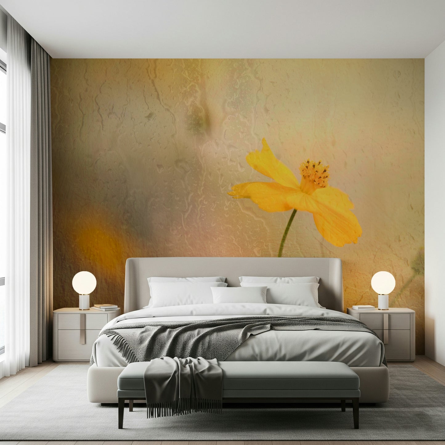 A beautiful rainy day floral wallpaper mural for a modern home.

