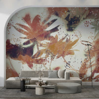 An artistic fall foliage mural on minimalist wallpaper.

