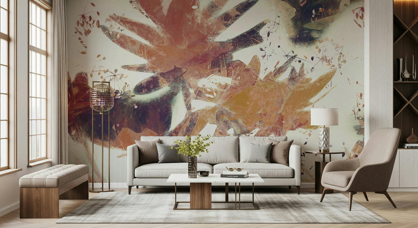 A beautiful serene autumn forest wallpaper mural with subtle colors.

