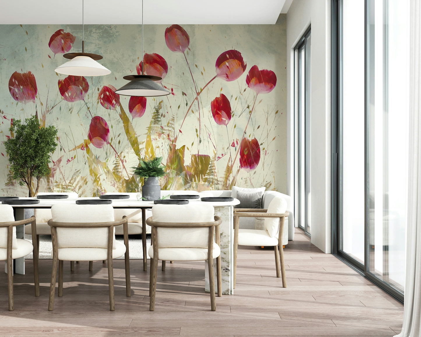 A peaceful flower design mural on decorative wallpaper.

