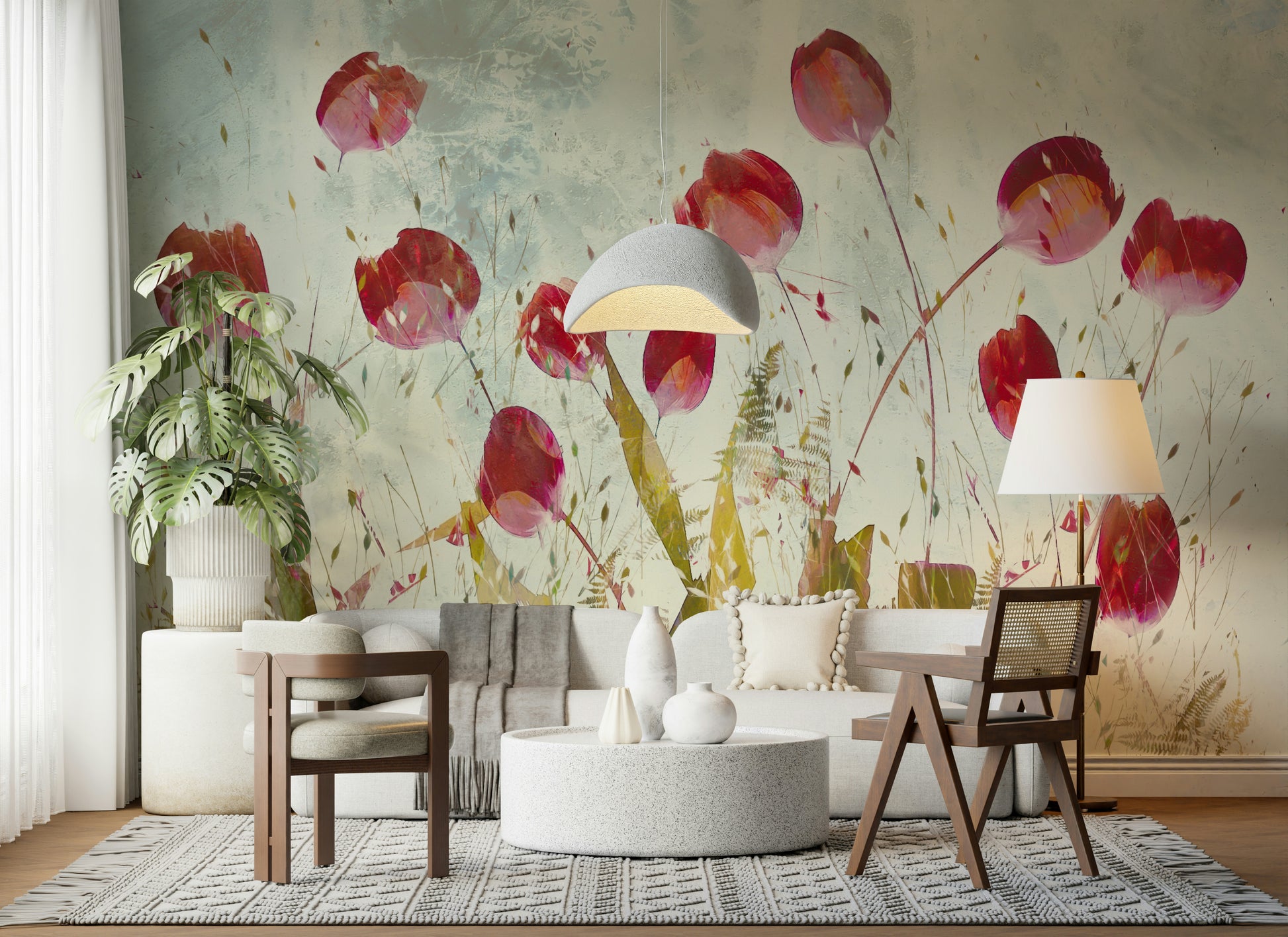 A beautiful vibrant red floral wallpaper mural for a modern home.

