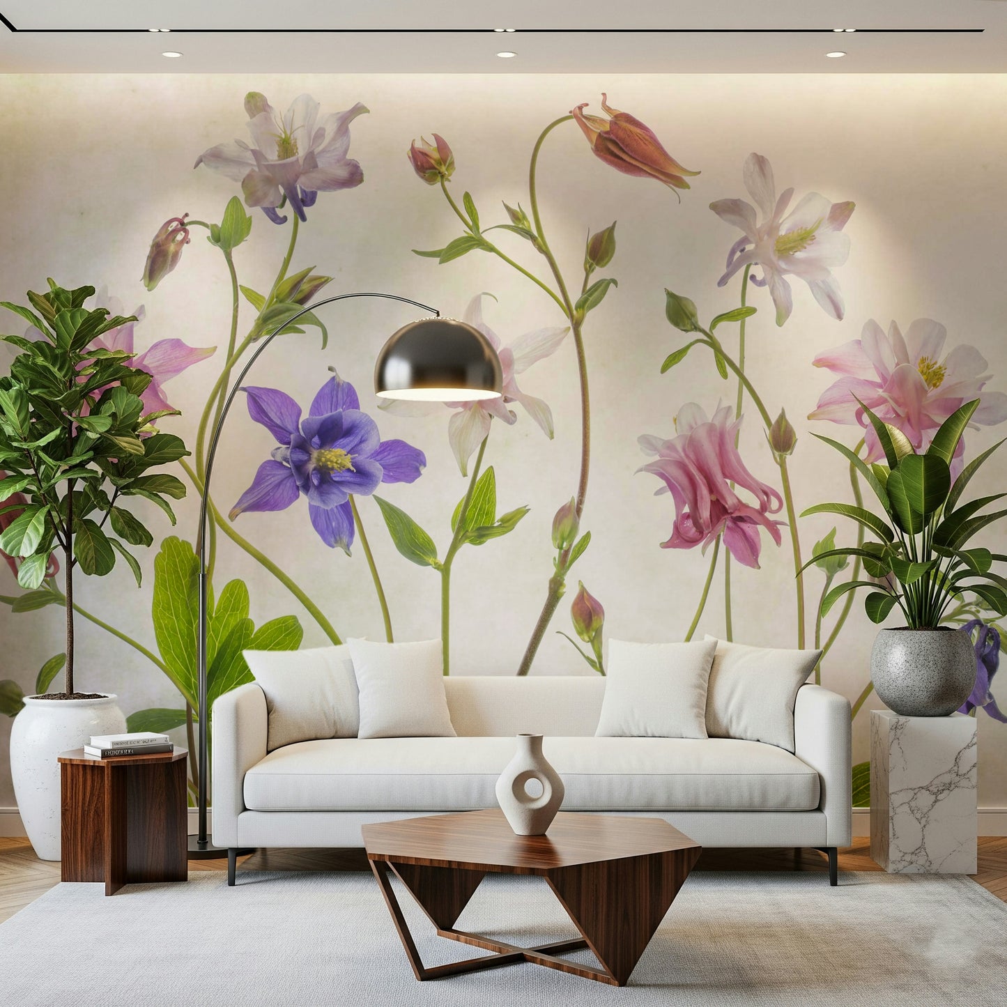 A contemplative floral pattern wallpaper mural for a feature wall.

