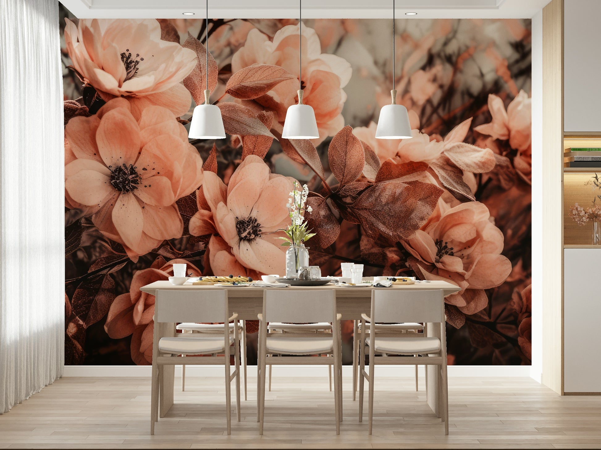 An artistic charming bloom mural on minimalist wallpaper.

