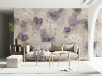 A beautiful violet floral wallpaper mural for a modern home.

