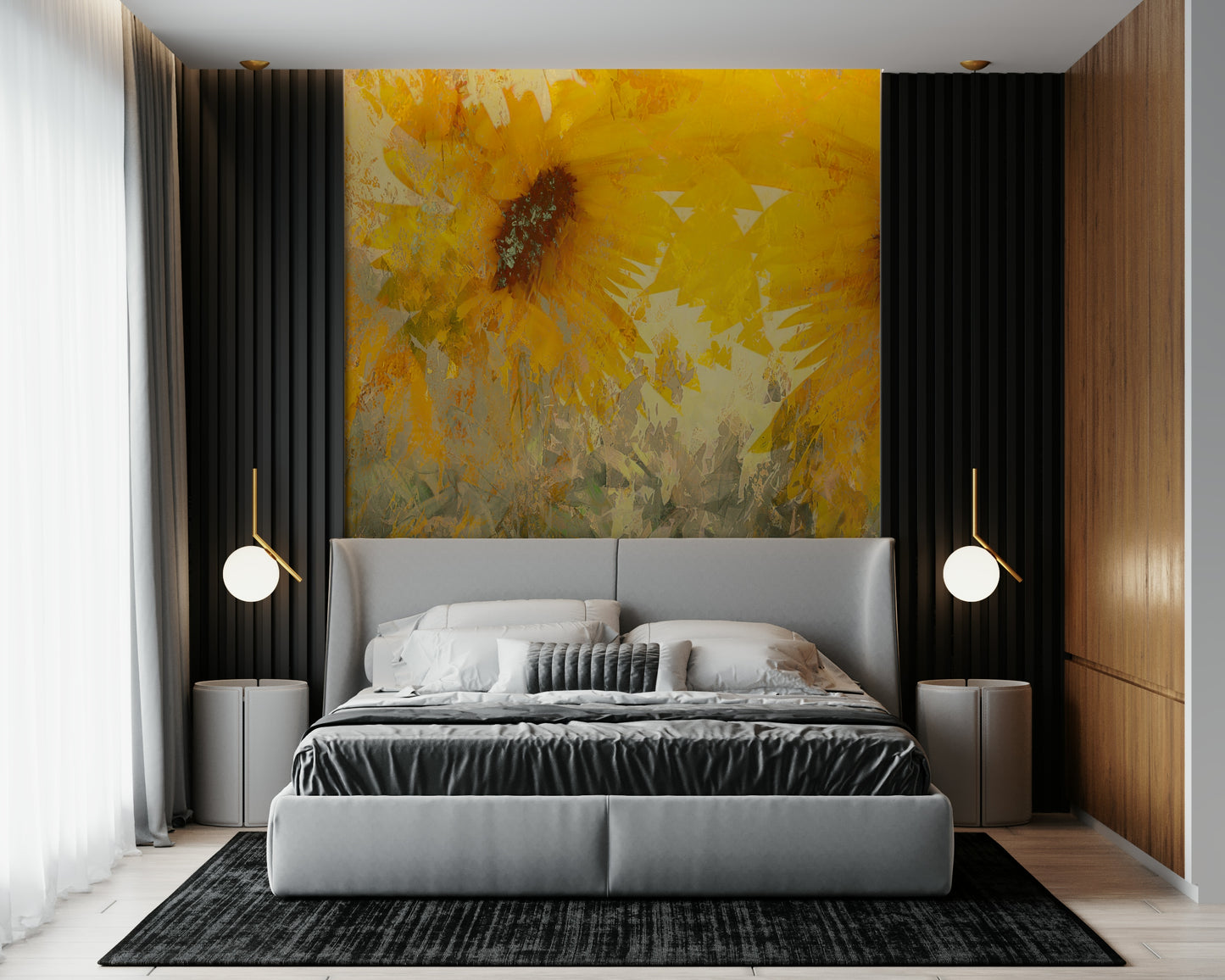 A peaceful modern abstract mural on decorative wallpaper.

