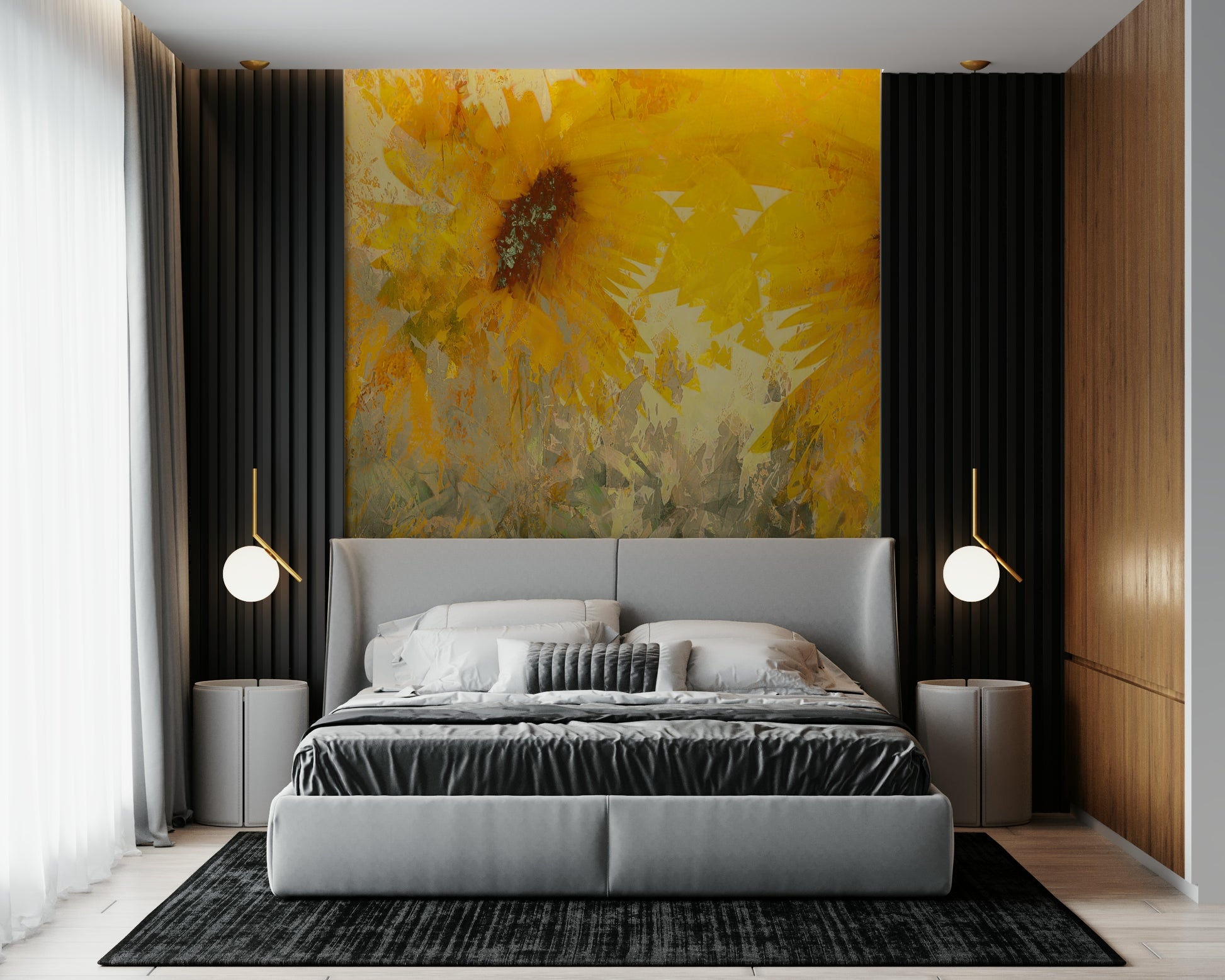 A peaceful modern abstract mural on decorative wallpaper.

