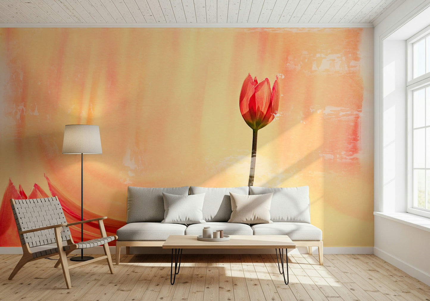 A graceful subtle bloom wall mural in soft, coral tones.

