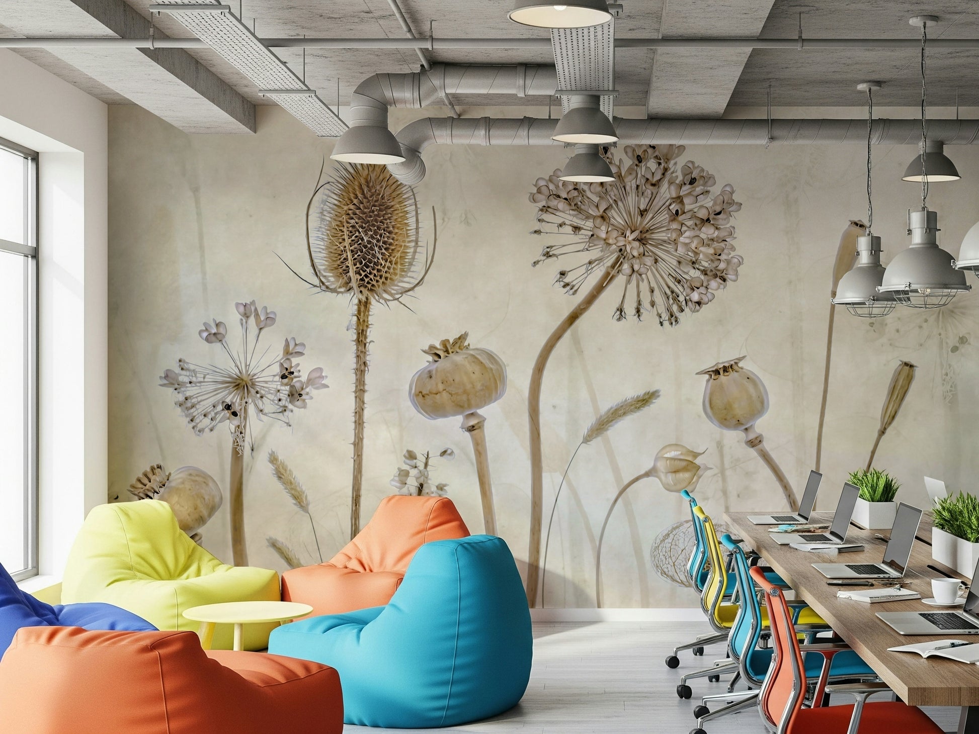 An artistic gentle bloom mural on minimalist wallpaper.

