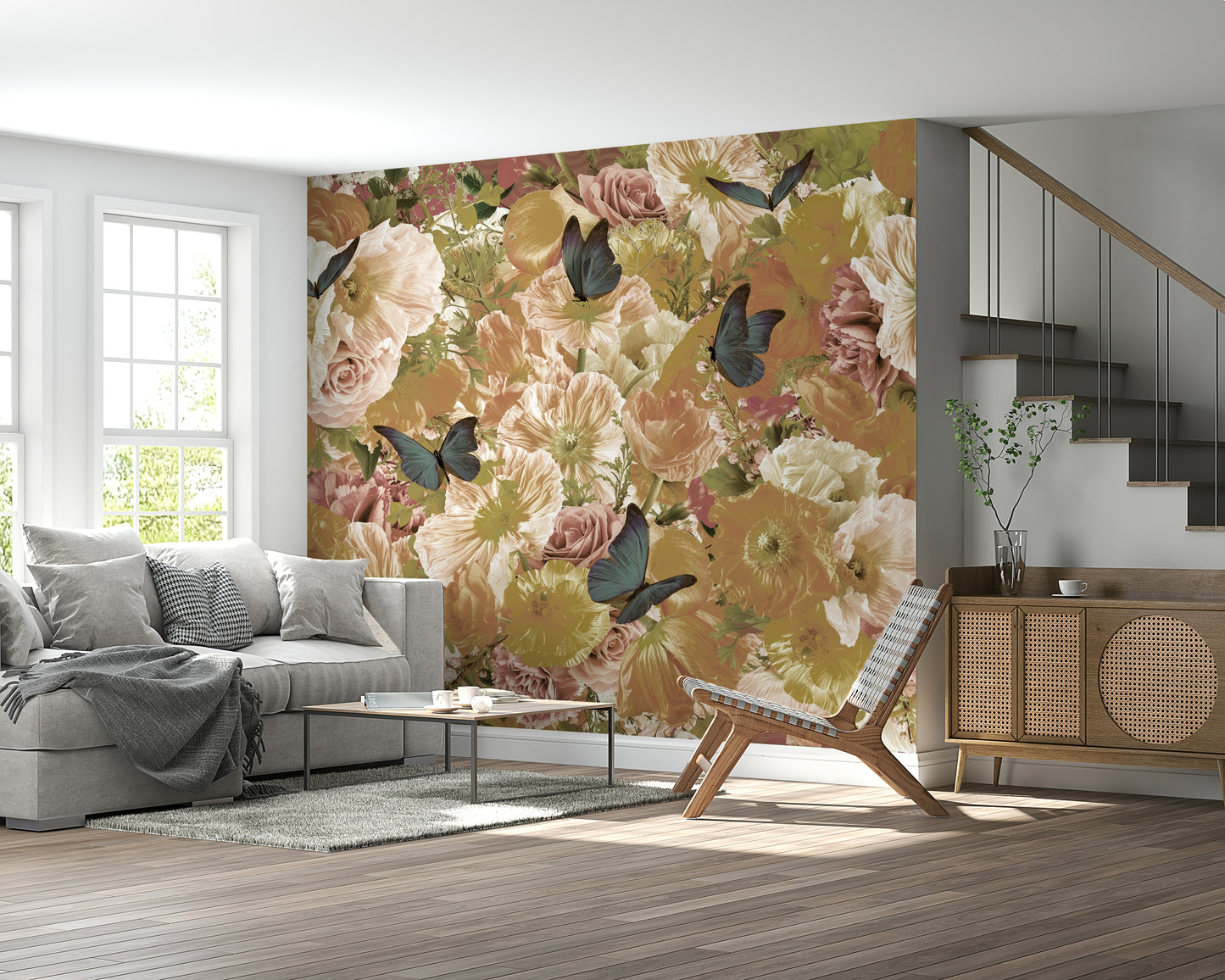 A peaceful flower and bird mural on decorative wallpaper.

