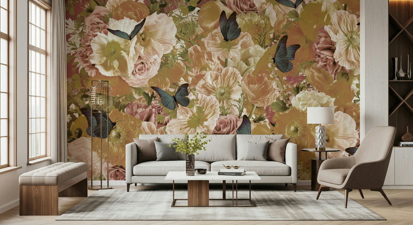 A beautiful floral pattern wallpaper mural with subtle butterflies.

