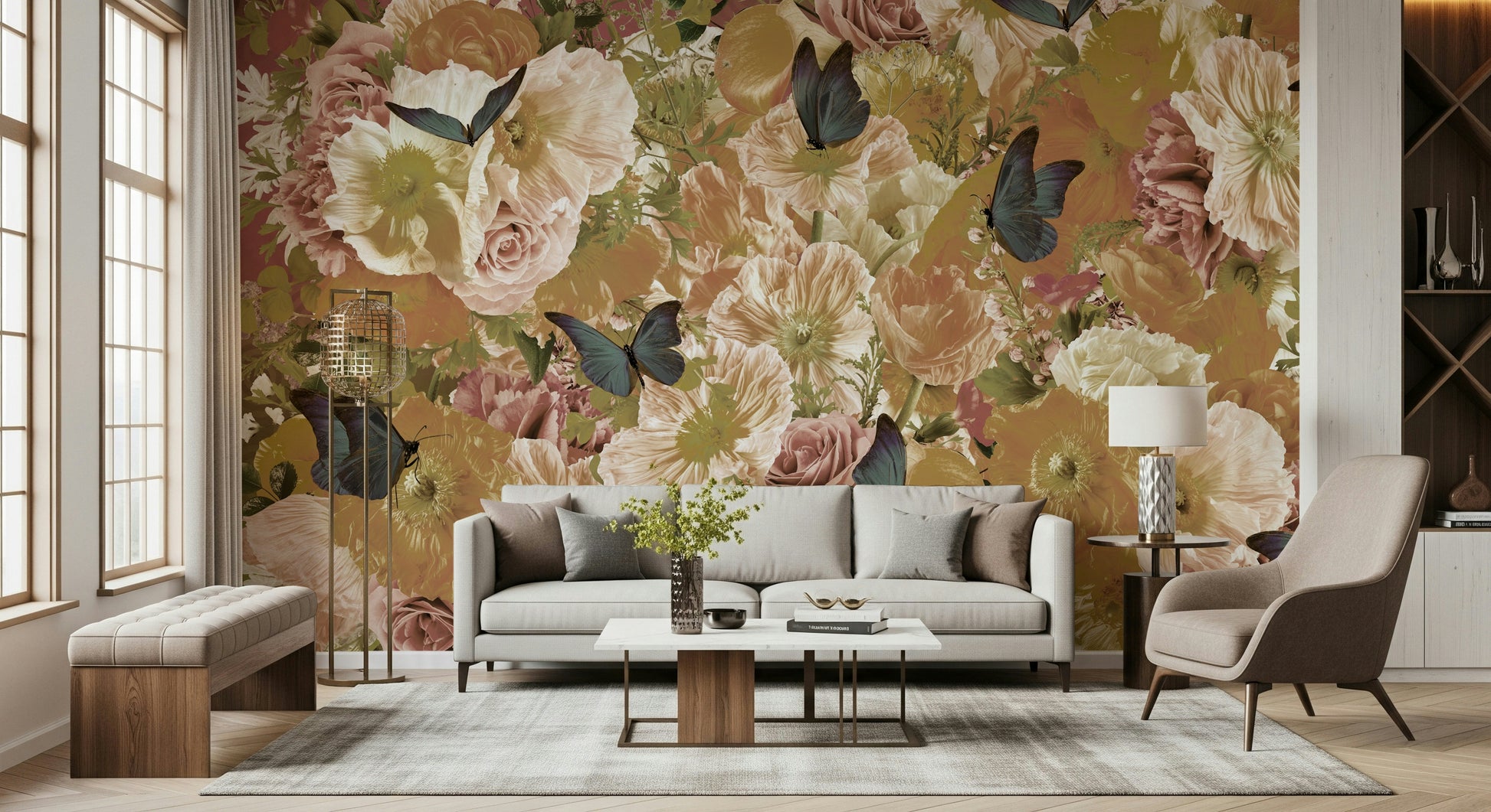 A beautiful floral pattern wallpaper mural with subtle butterflies.

