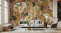 A beautiful floral pattern wallpaper mural with subtle butterflies.

