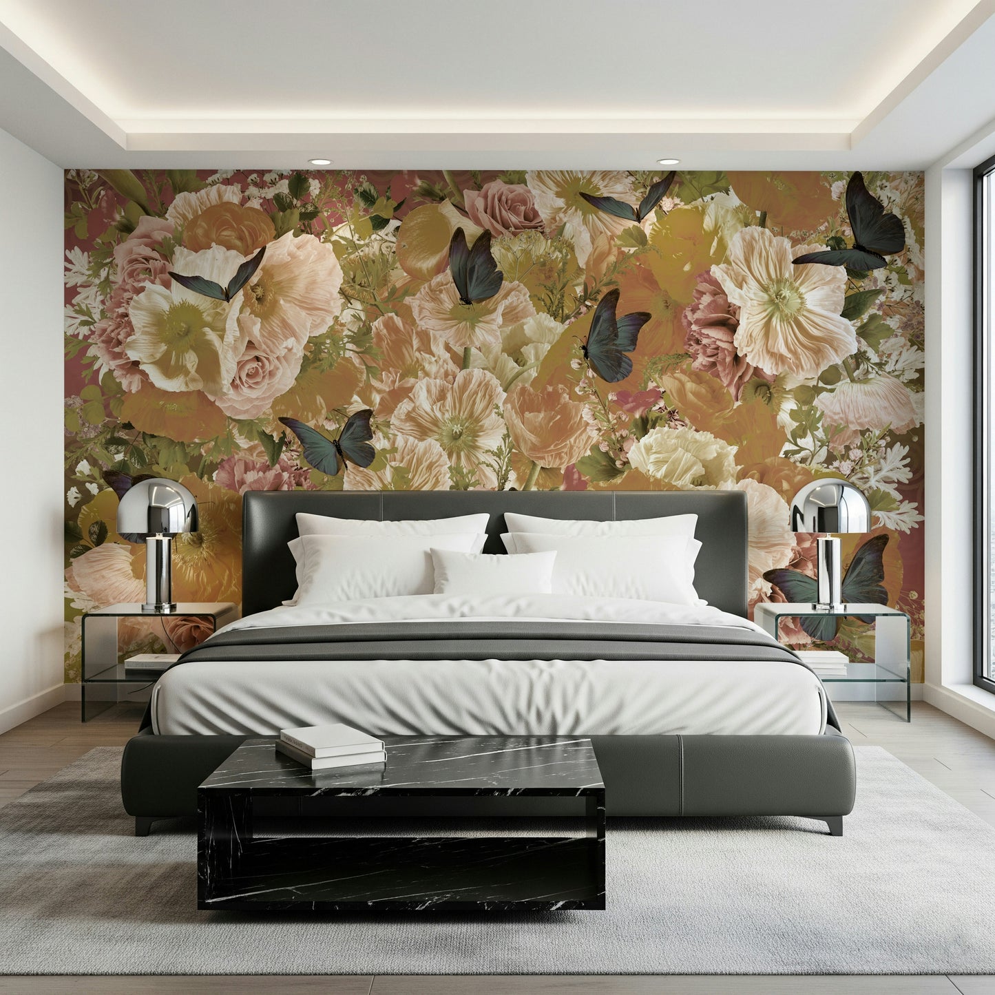 An artistic elegant flower mural on minimalist wallpaper.

