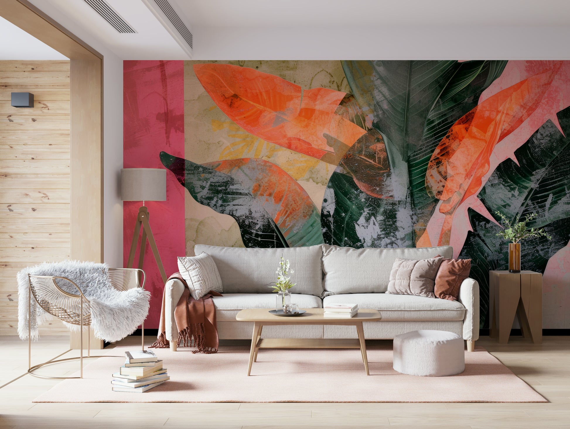 An artistic exotic leaf mural on minimalist wallpaper.

