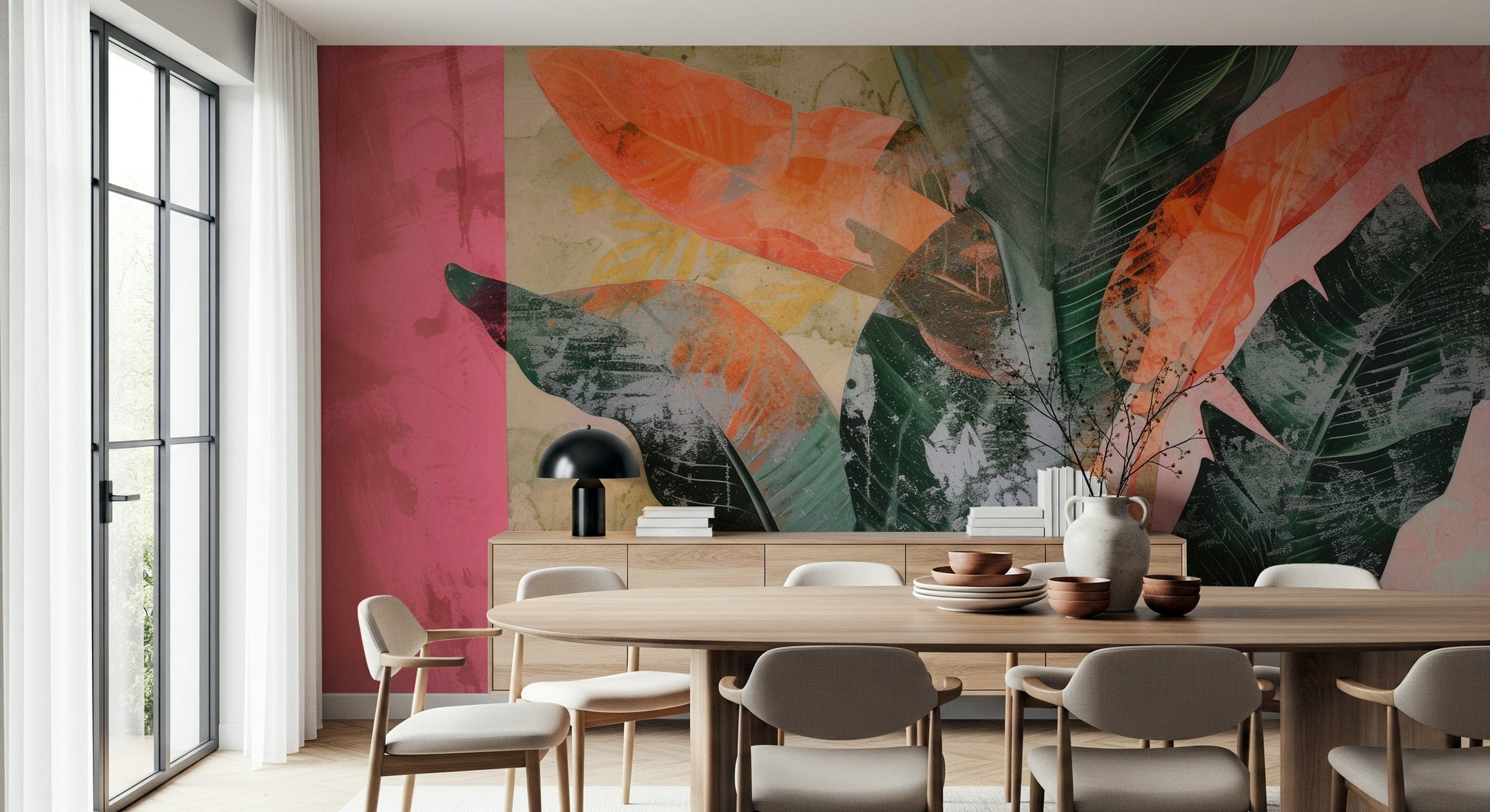 A calming foliage design wallpaper mural that defines a space.

