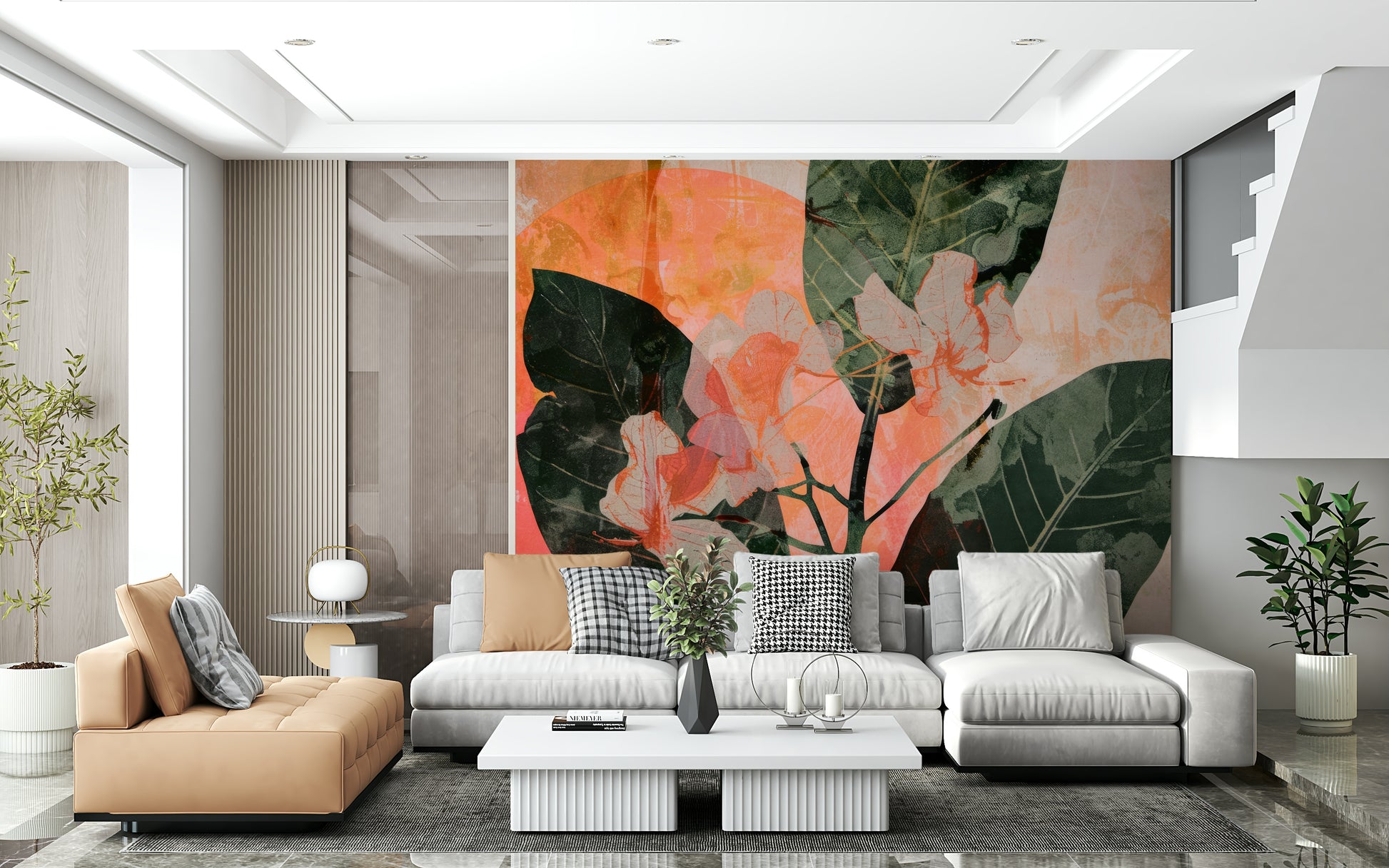 A graceful subtle bloom wall mural in soft, elegant tones.

