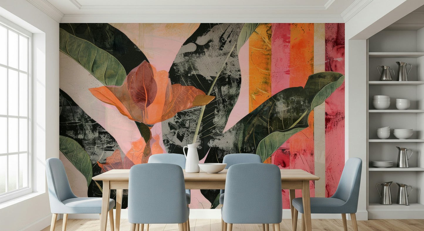 A peaceful botanical design mural on decorative wallpaper.


