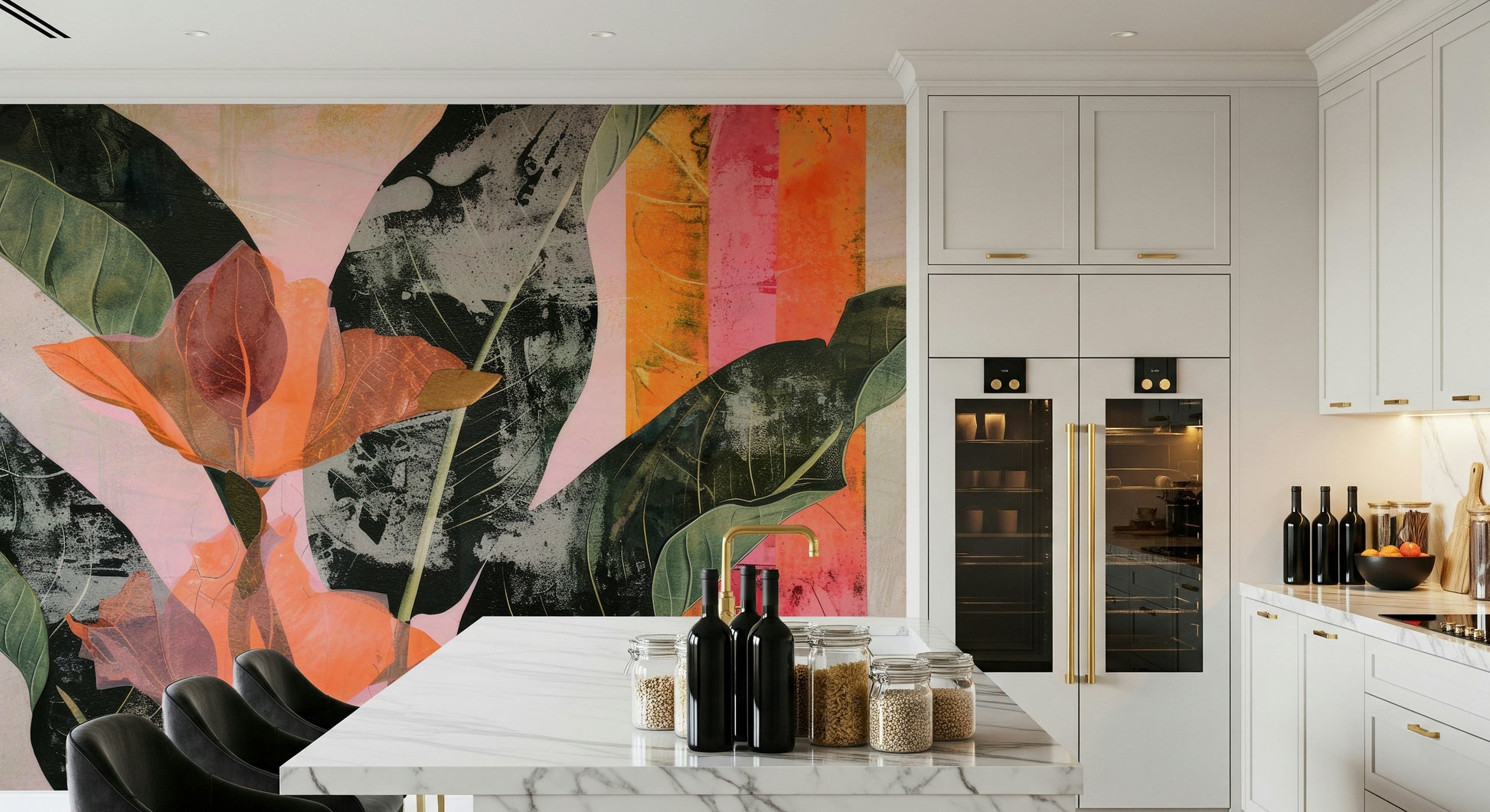 A graceful subtle leaf wall mural in cool, natural tones.

