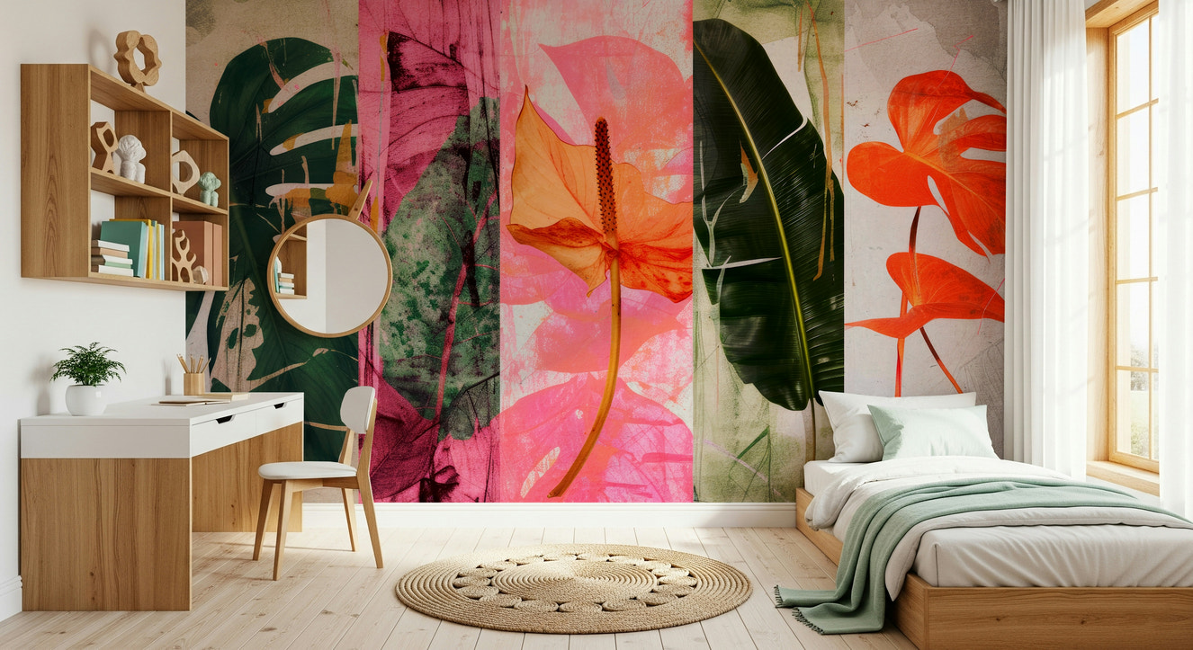 A beautiful vivid floral wallpaper mural with a patchwork pattern.

