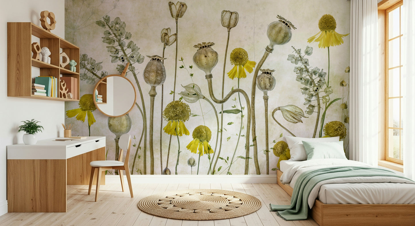 An artistic elegant floral mural on minimalist wallpaper.

