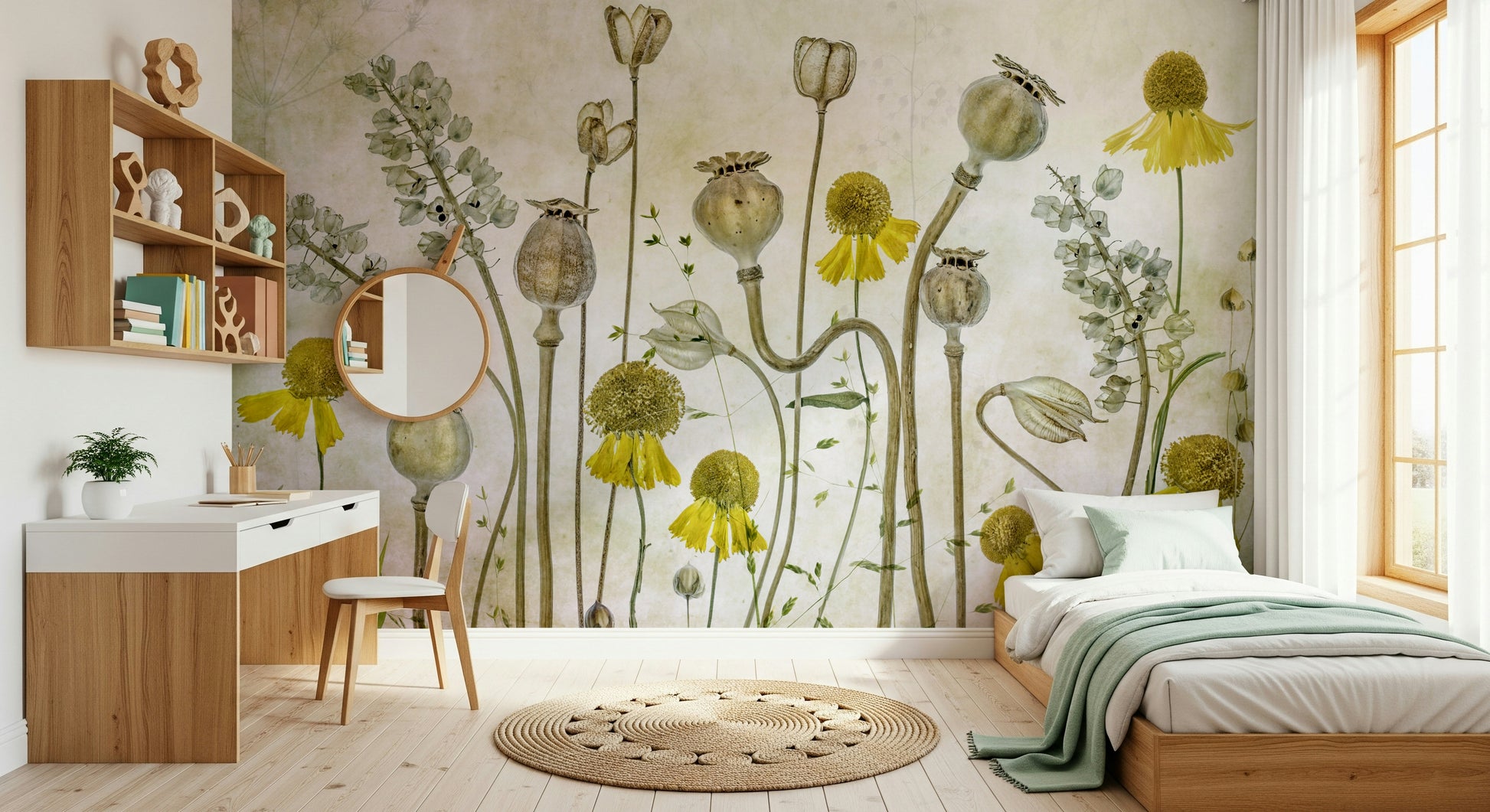 An artistic elegant floral mural on minimalist wallpaper.

