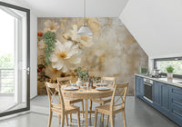 A graceful subtle bloom wall mural in soft, ivory tones.

