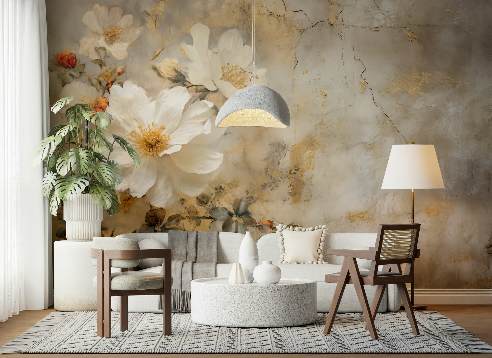 A calming floral design wallpaper mural that defines a space.

